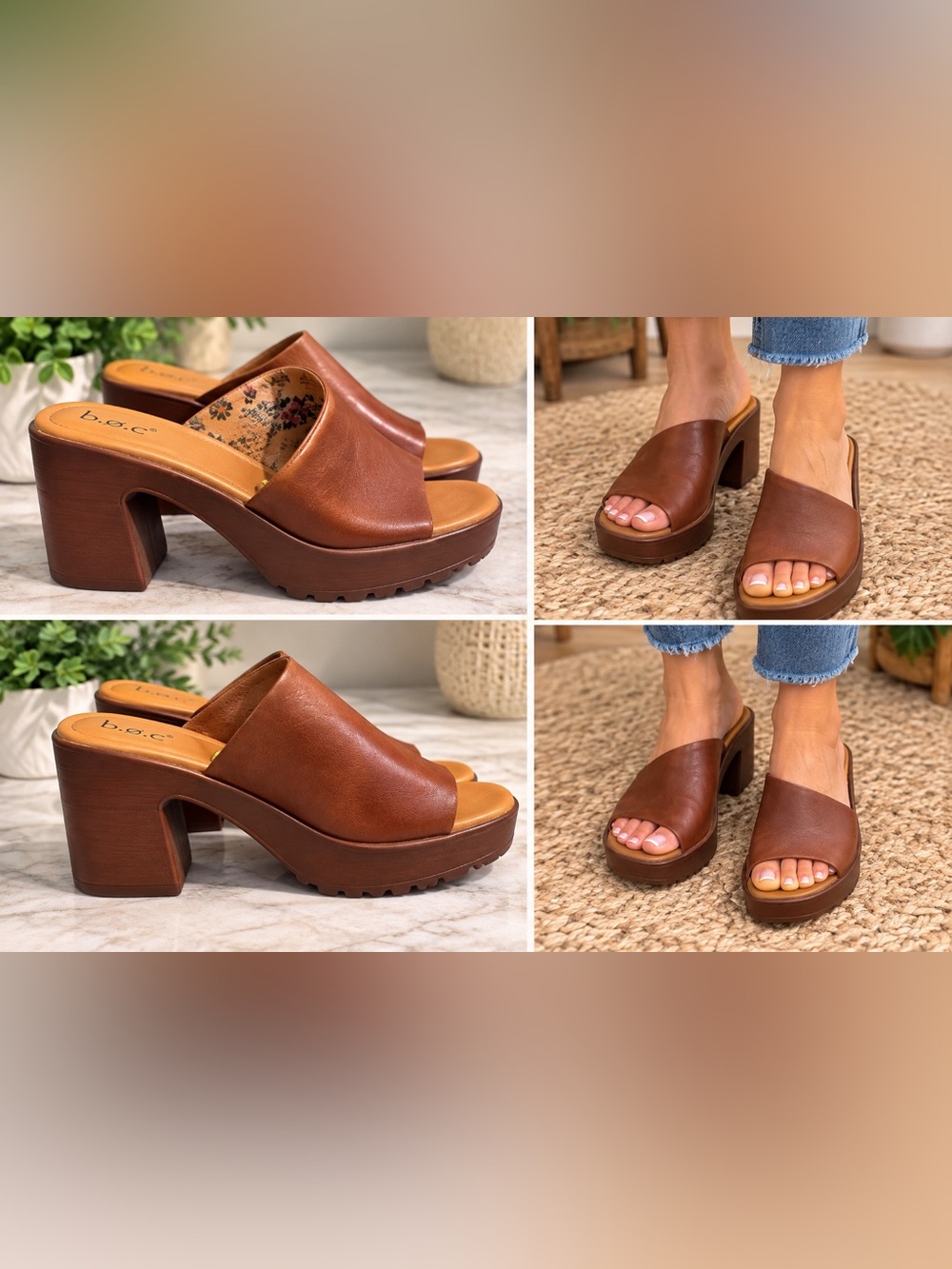 b.o.c. Brown Cognac Asymmetrical Platform Mule Sandals Chunky Heel Size 8M